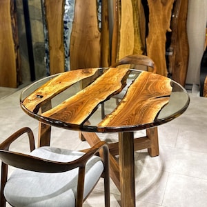 Round Dining Table With Epoxy - Round Solid Wood Epoxy Resin Dine Table - Round Table For 6 Seaters - Round Resin River Table