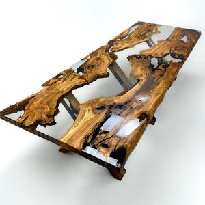 100% Natural Olive Wood Epoxy Resin River Live Edge Table - Custom Resin River Dining Room Table - Olive Wood Clear Epoxy - Epoxy Table Top