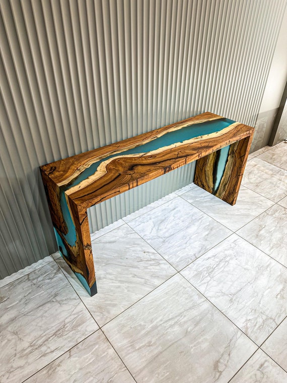 Waterfall Epoxy Console Table - Waterfall Entryway Table - Custom Walnut Epoxy Console Table - Resin Waterfall Console Entry With Solid Wood