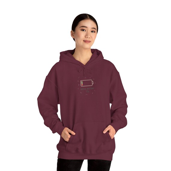Social Battery 1% Hoodie | Funny Text Sweatshirt, Low Energy Humor