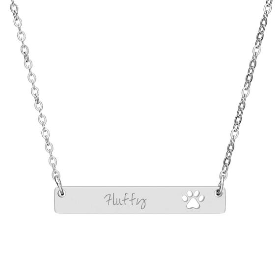 Paw Cutout Bar Necklace, Engraved Name Bar