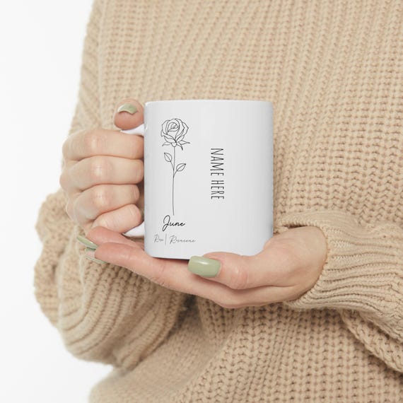 June Rose Birth Flower Ceramic Mug 11oz, Floral Coffee Cup, Birthday Gift, Mother's Day Present, Botanical Tea Mug, Gardening Lover Gift