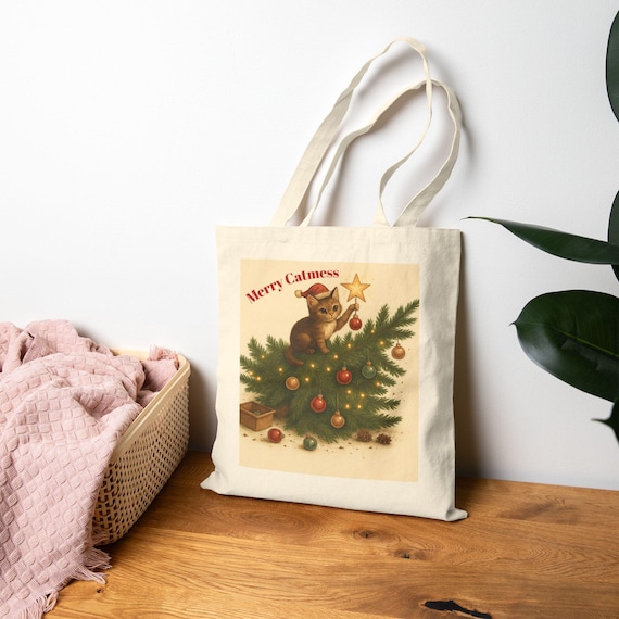Whimsical Merry Catmess | Funny Holiday Cat Tote Bag | Cat Humor Canvas Tote | Holiday Tote Bag