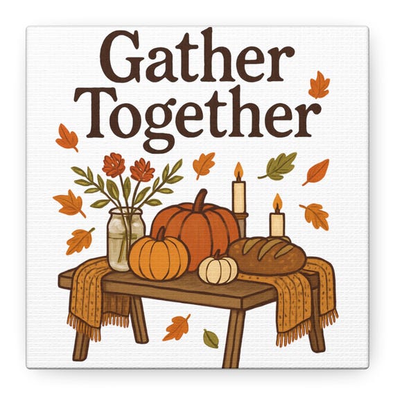 Gather Together Canvas | Fall Pumpkin Table Wall Art, Thanksgiving Decor
