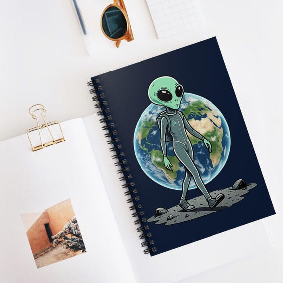 Alien Walking on Moon Earthrise Spiral Notebook | Ruled Journal