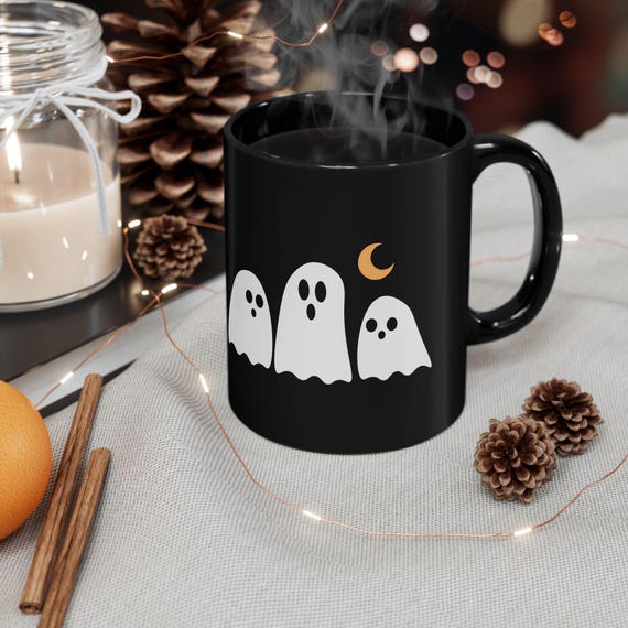 Ghostly Halloween Black Mug, Spooky Three White Ghosts Cup, Halloween Home Decor, Halloween Gift Idea, Halloween Party Supplies, Ghost