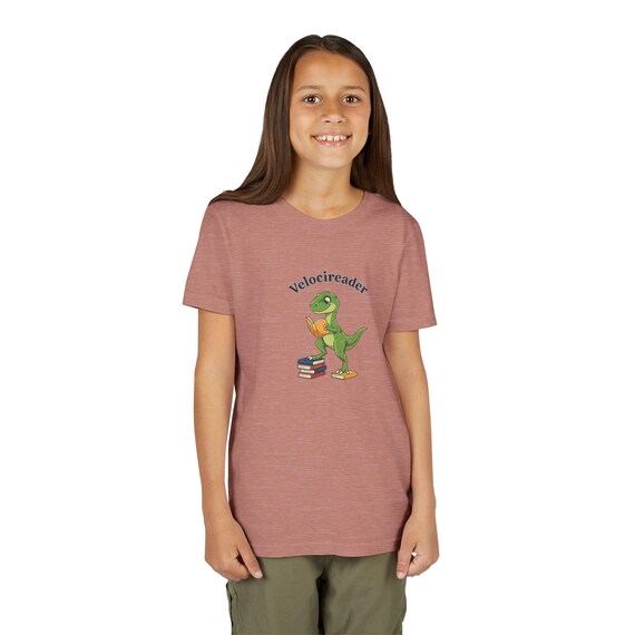 Velocireader Dino Reading Youth Tee | Dinosaur Book Lover Kids Shirt