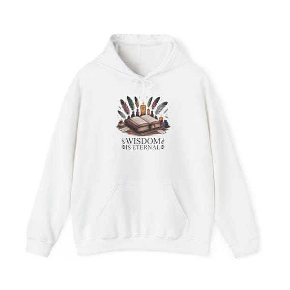 Wisdom Is Eternal Hoodie | Open Book Feather Illustration, Inspirational Quote