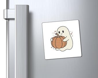 Cute Ghost Hugging Plaid Pumpkin Magnet | Halloween Refrigerator Magnet
