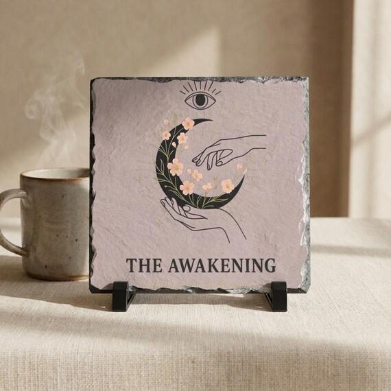 The Awakening moon floral illustration Slate Desk Plaque | mystical decor