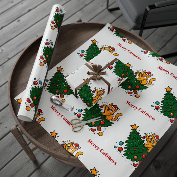 Wrapping Papers, Merry Catmess Funny Cat and Christmas Tree Gift Wrap Roll, Cat Lover Holiday Wrapping, Cute Christmas Paper, Festive Gift