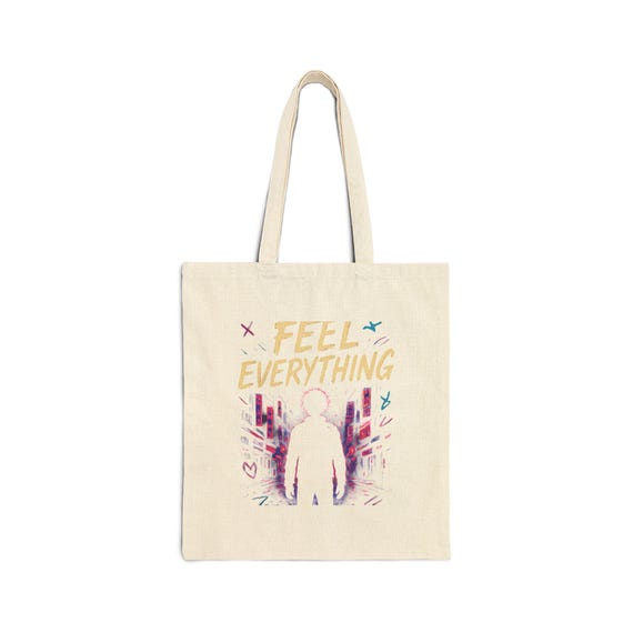 Feel Everything tote bag | silhouette figure, pastel cityscape, emotional typography