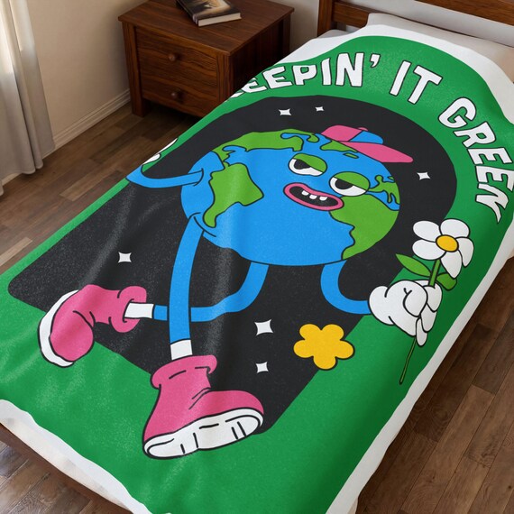 Eco-Friendly Earth Day Blanket, Sustainable Throw, Green Earth Plush Bedding, Recycled Material Coverlet, Environmental Theme Cozy Wrap