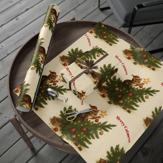 Whimsical Merry Catmess Wrapping Paper and Christmas Tree Gift Wrap Roll, Cat Lover Holiday Wrapping, Cute Christmas Paper, Festive Gift