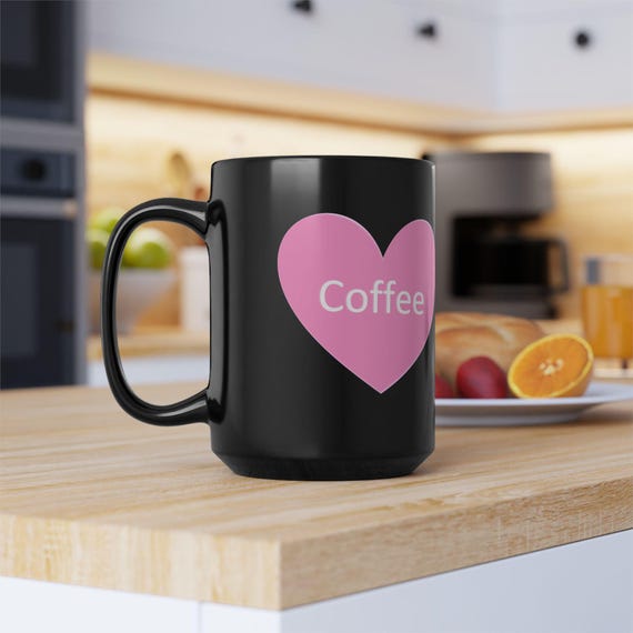 Pink Heart 'Coffee' Mug | Black 15oz Ceramic Mug