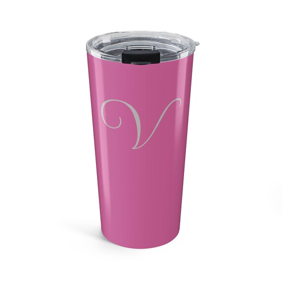 Personalized Pink Tumbler 20oz with Initial, Custom Travel Mug for Women, Monogrammed Gift, Coffee Cup, Birthday, Bridal Party