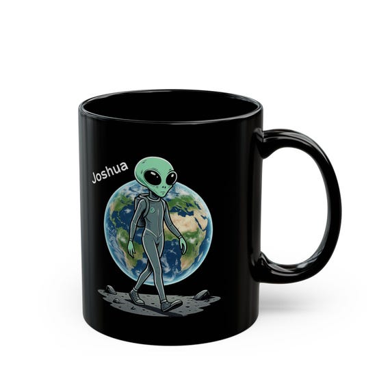 Personalizable Alien Walking on Moon mug | Black Ceramic Space Coffee Cup