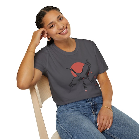 Crane with Red Sun T-Shirt | Japanese Crane Illustration, Longevity Kanji