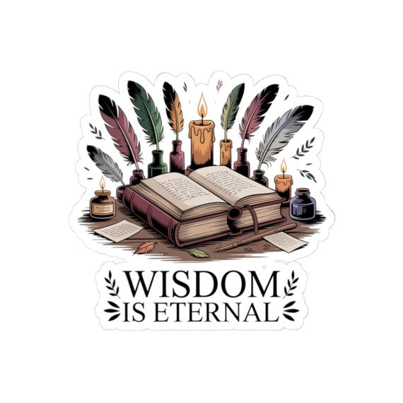 Wisdom Is Eternal book sticker | Kiss-cut vinyl sticker, vintage quill & candle