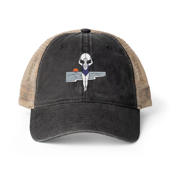 Surfer Woman on Beach | Embroidered Women's Washed Mesh Back Cap