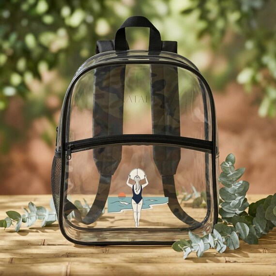Surfer Beach Clear Backpack | Transparent School Bag, Ocean Swim Design