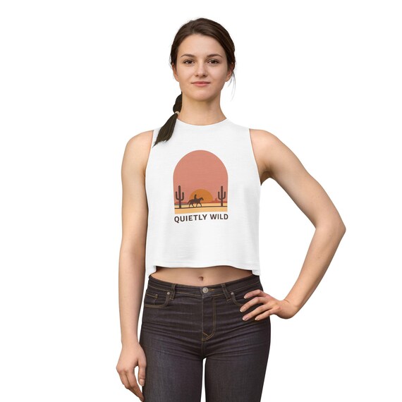 Quietly Wild desert sunset design Crop Top | cactus silhouette, horse