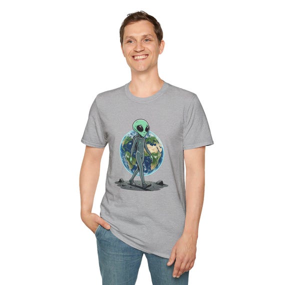 Alien Walking on Moon Earthrise T-Shirt | Earth Background, Space Illustration