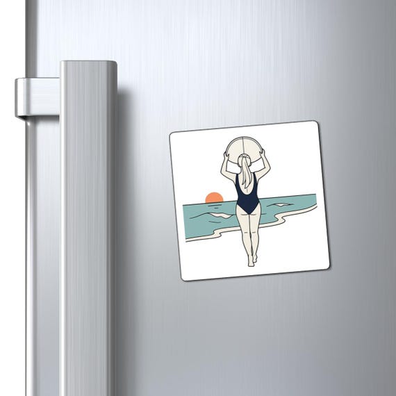 Woman with Surfboard Beach Scene Magnet | Coastal Sunset Refrigerator Magnet