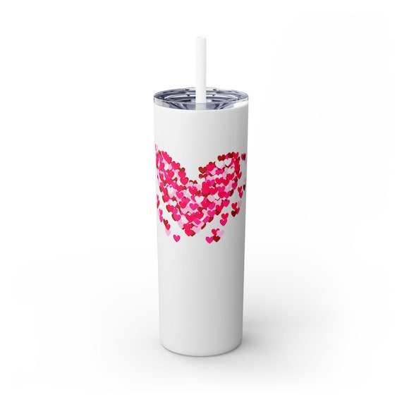 Valentine Heart Pattern Skinny Tumbler with Straw 20oz | Romantic Red Hearts