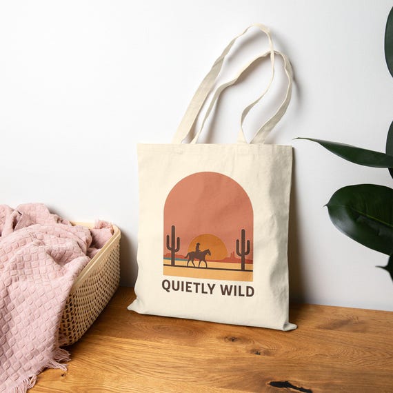 Quietly Wild Desert Sunset Tote Bag | Camel Cactus Illustration