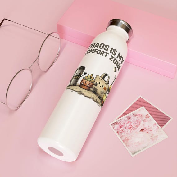 Chaos Is My Comfort Zone Slim Water Bottle | Cozy Desk Plants Illustration