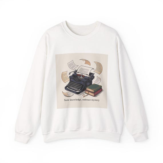 Vintage Typewriter with Books sweatshirt | Literary Quote "Seek knowledge, embrace mystery"