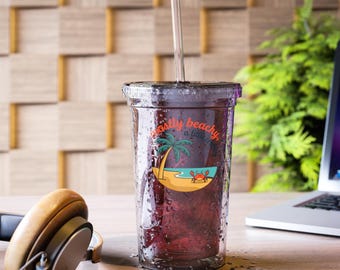 Mostly Beachy, a little Crabby palm tree scene Acrylic Cup | beach summer tumbler