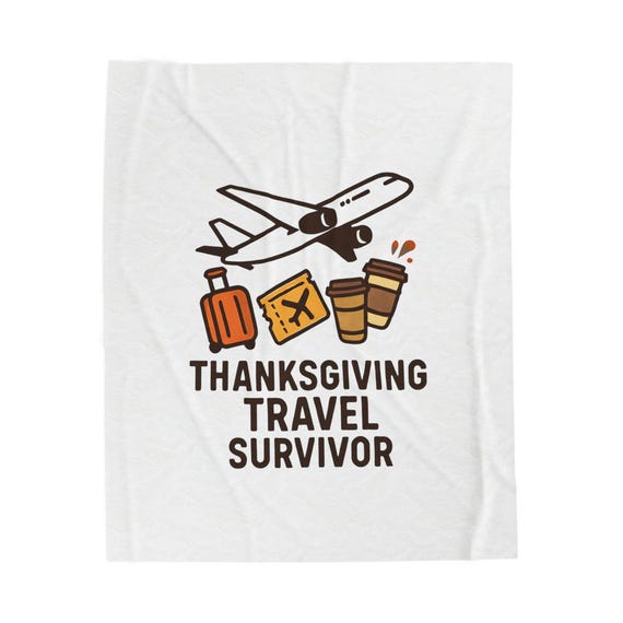 Thanksgiving Travel Survivor Velveteen Plush Blanket | Plane Luggage Coffee Design