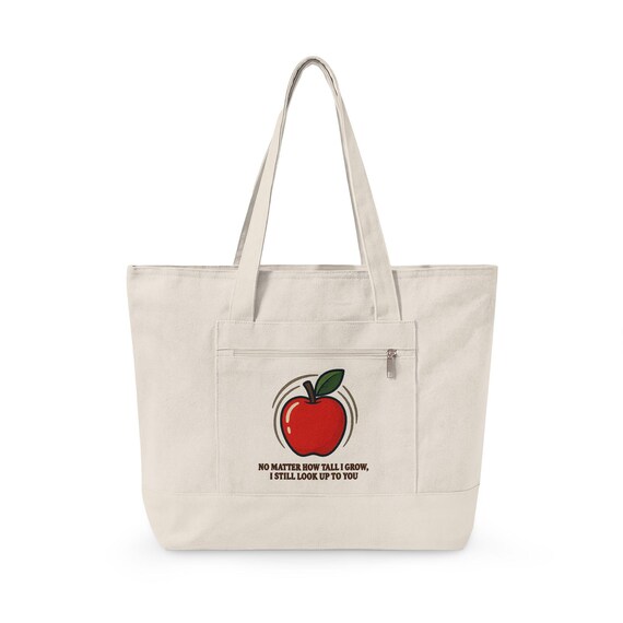 Teacher Appreciation | Red Apple Illustration Zippered Canvas Tote | School Teacher Market Bag | Teacher Gift