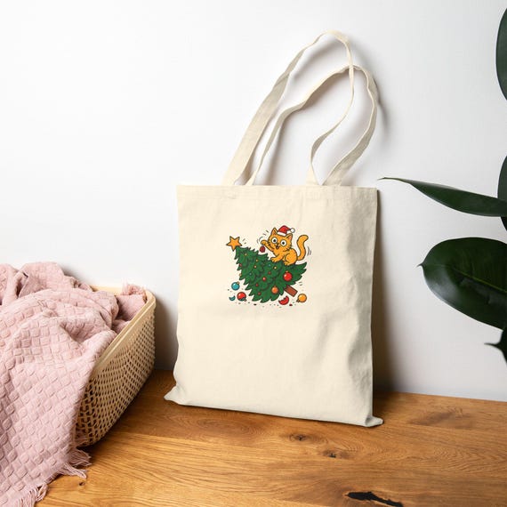 Merry Catmess | Funny Holiday Cat Tote Bag | Cat Humor Canvas Tote | Holiday Tote Bag
