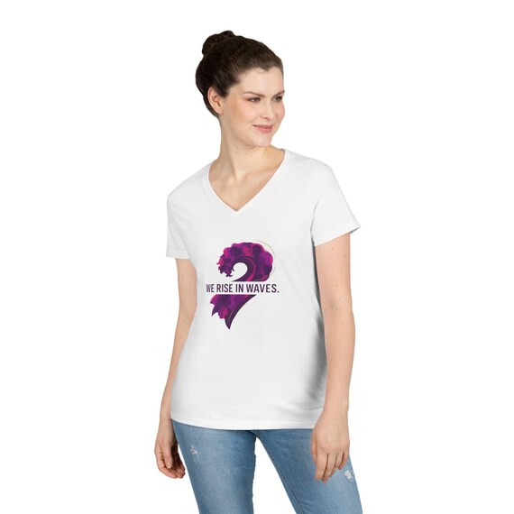 We Rise in Waves tee Ladies V-Neck T-Shirt | ocean wave design, purple watercolor International Womens Day