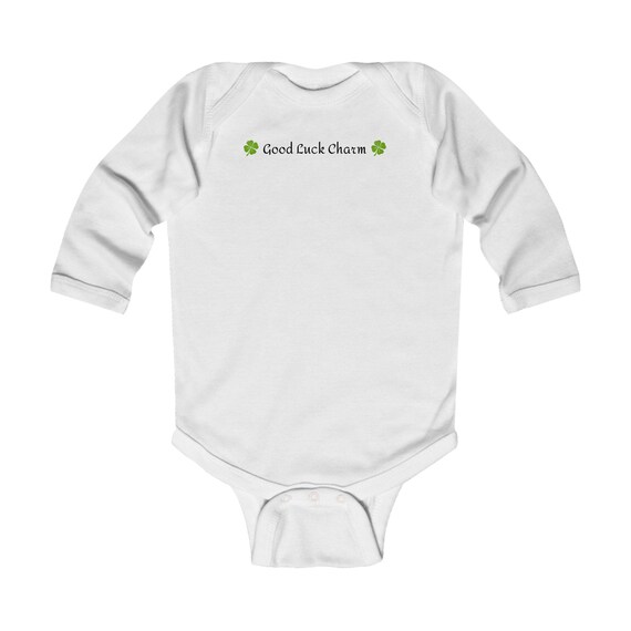 Funny Baby Quote Good Luck Charm Infant Long Sleeve Bodysuit, St Patrick's Day Outfit, Lucky Four Leaf Clover Baby Bodysuit, Good Luck Baby