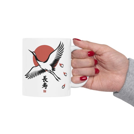 Red Sun Crane Illustration Mug | Japanese Crane Ceramic Mug |Long Life Chinese Characters cháng shòu