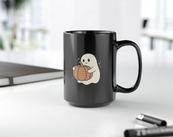 Cute Ghost Hugging Pumpkin mug | Halloween Black Coffee Mug