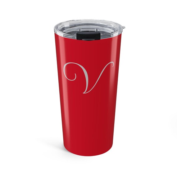 Personalized Red Tumbler 20oz with Initial, Custom Travel Mug for Women, Monogrammed Gift, Coffee Cup, Birthday, Bridal Party
