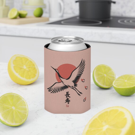 Crane Rising Sun Can Cooler | Japanese Crane Illustration, Longevity Kanji
