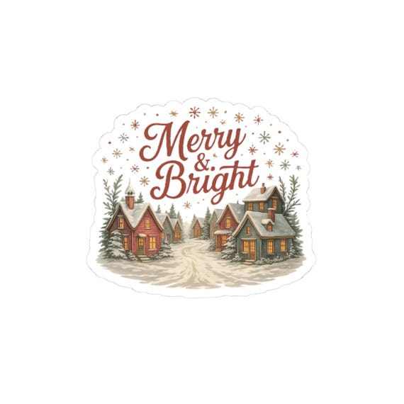 Merry & Bright Vintage Postcard Sticker | retro Christmas postcard, sepia holiday