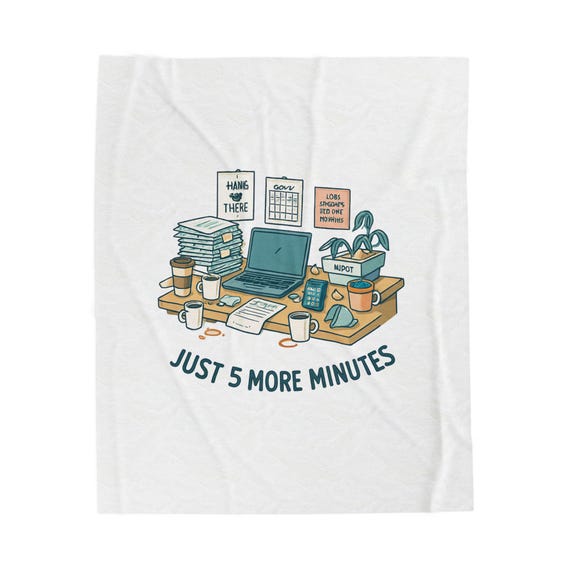 Just 5 More Minutes Desk Illustration Velveteen Plush Blanket | Cozy Office Nap Throw