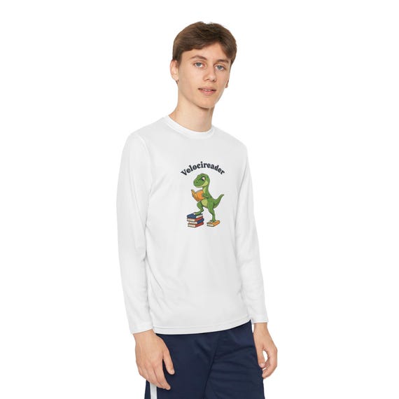 Velocireader Dinosaur Youth Long Sleeve Tee | Reading Dinosaur Shirt