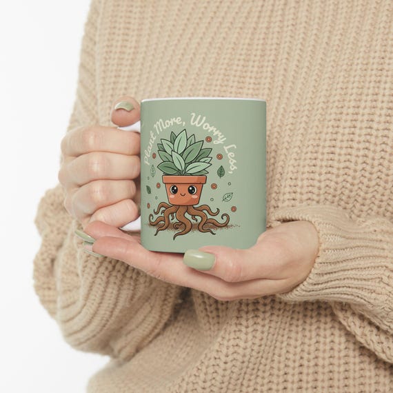 Plant Mama Mug | Cute Potted Plant Octopus Illustration, Worry Less