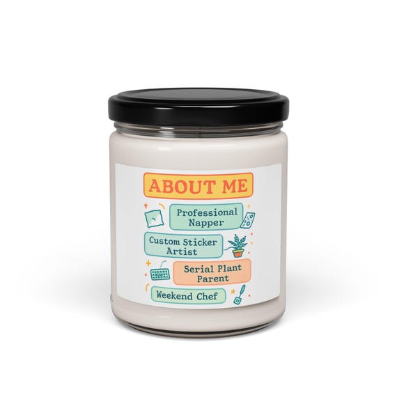 About Me checklist jar candle | Soy Candle, Professional Napper, Plant Parent, Sticker Artist