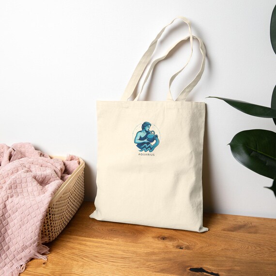 Aquarius Zodiac Sign Tote Bag - Stylish Cotton Canvas Market, Eco-Friendly Shopping, Art, Gym Bag, Personalized Gift