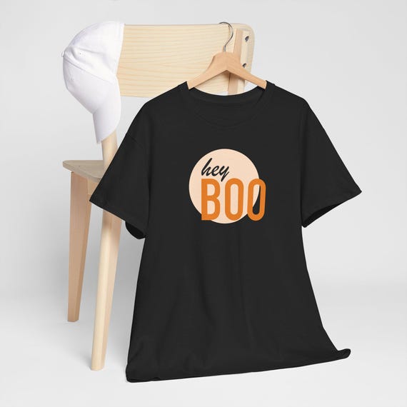 Hey Boo Unisex Heavy Cotton Tee | Halloween Shirt, Cute Graphic Tee, Fall Fashion, Gift for Friends, Spooky Season Outfits