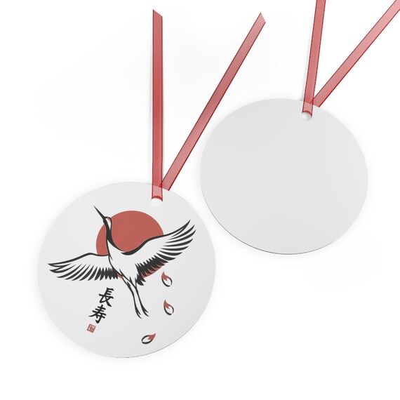 Crane with Rising Sun metal ornament | Japanese crane artwork